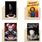 Hororové narozeninové přání – Pro fanoušky hororů (různé varianty) Příní druhy: Bah Humbug: Pro všechnyGrinche – namosuřená, ale roztomilá černá kočka se santovskou čepicí., přání strašáci: Pennywise – Hledejceny.cz