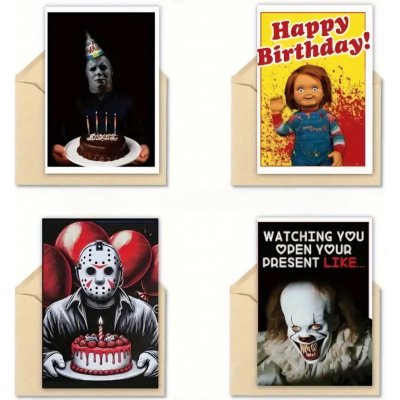 Hororové narozeninové přání – Pro fanoušky hororů (různé varianty) Příní druhy: Bah Humbug: Pro všechnyGrinche – namosuřená, ale roztomilá černá kočka se santovskou čepicí., přání strašáci: Pennywise – Hledejceny.cz