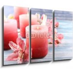 Obraz 3D třídílný - 105 x 70 cm - Beautiful candles with flowers on wooden background Krásné svíčky s květinami na dřevěné pozadí – Zboží Mobilmania