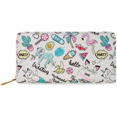 Barevná velká dámská peněženka s potiskem prostorná kabelka na zip s potiskem sváteční pastelový vzor líné kočky - bílá