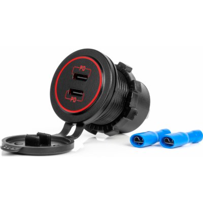 Vodotěsná nabíječka s ČERVENÍM LED podsvícením 2xUSB C 12/24V AMiO-04223, , , – Zboží Živě