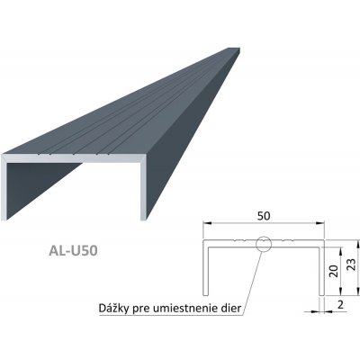 Hliníkový U profil - antracit, 50x22mm, AL-U50-7016-6