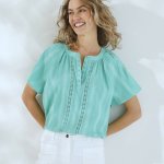 Jednobarevná halenka s krátkými rukávy a macramé proužky mátová – Zboží Dáma