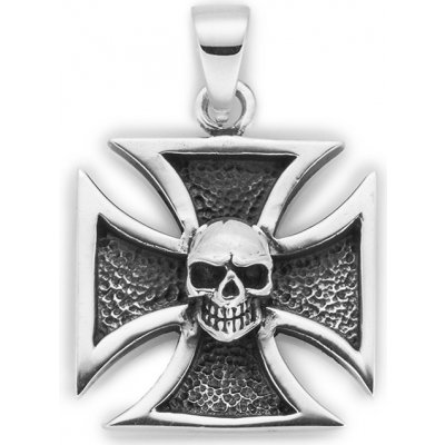 Vorlové Šperky Stříbrný přívěsek maltézský kříž s lebkou PR373