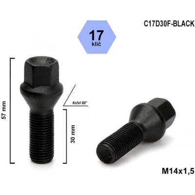 Kolový šroub M14x1,5x30 kužel, klíč 17, C17D30F-BLACK, výška 57 mm – Zboží Mobilmania