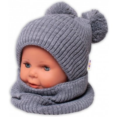 Baby Nellys Zimní pletená čepice nákrčník šedá s bambulkami – Zboží Mobilmania