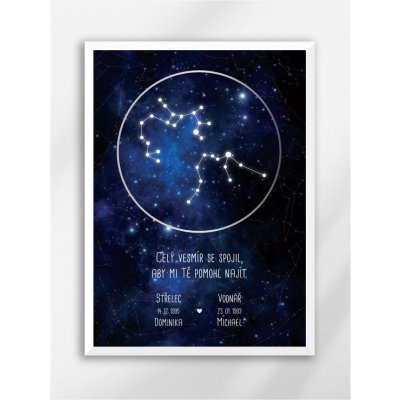 Plakát ZNAMENÍ V SOUHVĚZDÍ, ZÁŘIVÁ OBLOHA, pro pár Velikost: Plakát A3 (s rámem), Barva rámu: Bílá, Barva plakátu: Tmavě modrá – Sleviste.cz