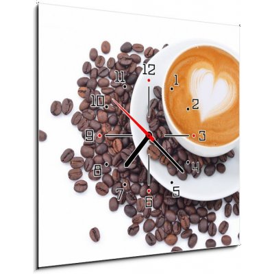 Obraz s hodinami 1D - 50 x 50 cm - A cup of cafe latte and coffee beans on white Šálek kávy latte a kávových bobů na bílém