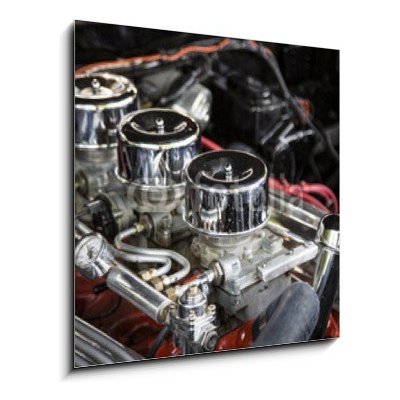 Skleněný obraz 1D - 50 x 50 cm - Under the Hood View of Restored Vintage Automobile Engine with Tri-Power Show-Chrome Carburetors Pod pokličkou Pohled na Obnovený Vintag