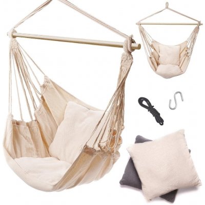 Ikonka KX6485 Brazilské houpací křeslo s polštáři ecru dřevěná čelenka – Zboží Dáma