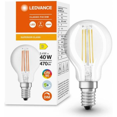 Ledvance LED žárovka Koule E14 P45 3,4W = 40W 470lm 4000K Neutrální bílá 300° CRI90 Filament Stmívatelná Superior