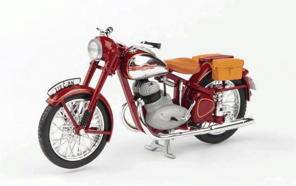 Abrex JAWA 350 PÉRÁK 1950 Tmavě Červená s brašnama 1:18