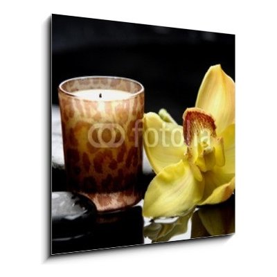 Obraz 1D - 50 x 50 cm - aromatherapy candle and zen stones with yellow orchid reflection aromaterapeutické svíčky a zenové kameny se žlutým orchidejovým odrazem – Zboží Mobilmania