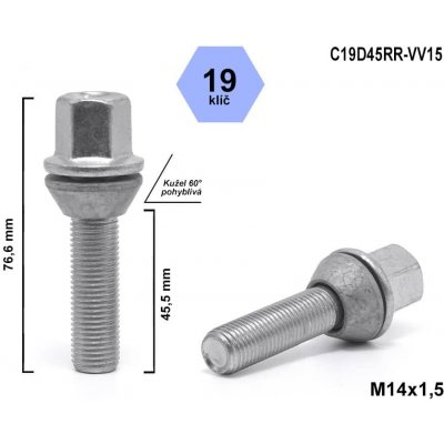 Kolový šroub M14x1,5x45,5 kužel pohyblivý, klíč 19, C19D45RR-VV15, výška 76,6 mm | Zboží Auto