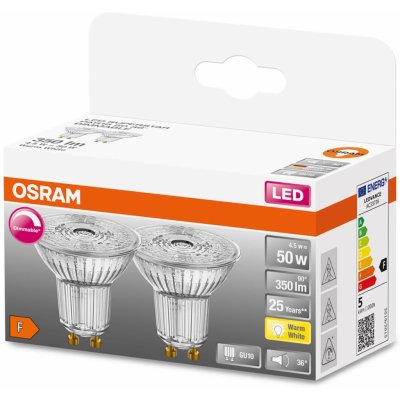 Osram 2Pak LED žárovka LED GU10 4,5W = 50W 350lm 2700K Teplá bílá 36° Stmívatelná SUPER STAR