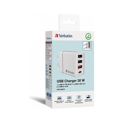 Verbatim Síťový adaptér 30W, 4 porty, 1x USB-C, 3x USB-A – Zboží Mobilmania