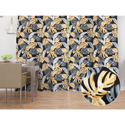 Biante Bavlněný závěs Sandra SA-228 Šedé a zlaté tropické listy na černém 150x190 cm – Hledejceny.cz