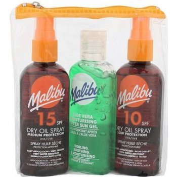 Malibu Sun Travel suchý olej na opalování SPF15 100 ml + suchý olej na opalování SPF10 100 ml + gel po opalování Aloe Vera 100 ml dárková sada