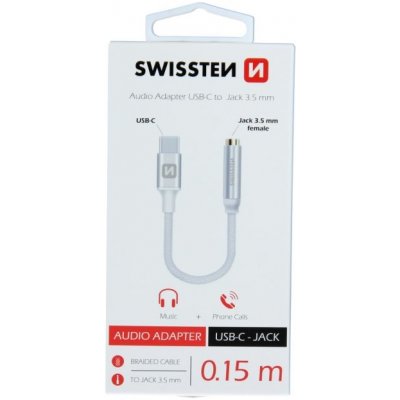 Swissten Audio Adaptér Usb-C/Jack (Samice) 0,15m, stříbrný – Zboží Mobilmania