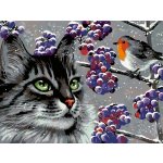 Malování podle čísel ČÍHAJÍCÍ ŠEDÝ KOCOUR A PTÁČEK – Zboží Dáma