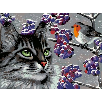 Malování podle čísel ČÍHAJÍCÍ ŠEDÝ KOCOUR A PTÁČEK – Zboží Dáma