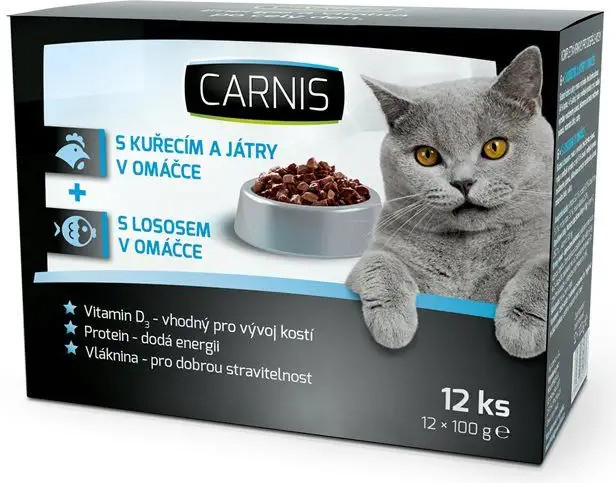 Carnis pro kočky příchuť kuřecí s játry a losos 12 x 100 g