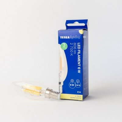 Tesla LED žárovka FILAMENT RETRO svíčka E14, 6W, 230V, 806lm, 25 000h, 2700K teplá bílá,360st,čirá CL140627-1 – Hledejceny.cz