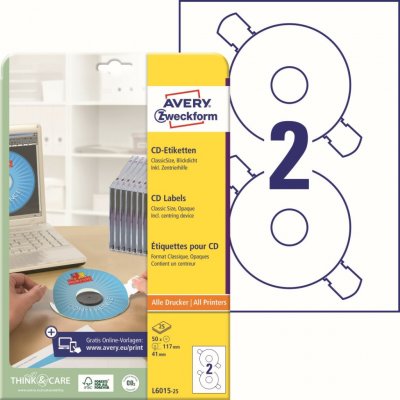 Avery Zweckform L6015-25 CD/DVD etikety 50 ks průměr 117 mm bílé – Hledejceny.cz