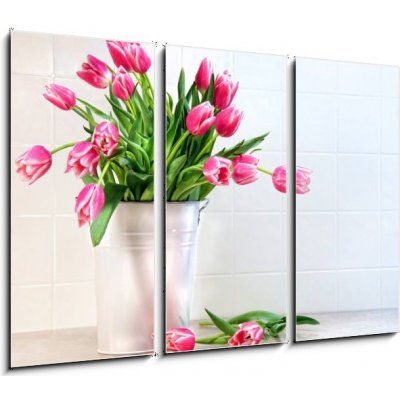 Obraz 3D třídílný - 105 x 70 cm - Pink tulips in white metal container Růžové tulipány v bílém kovovém kontejneru – Zboží Mobilmania