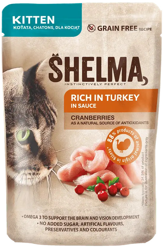 Shelma Bezobilné dušené filetky pro koťata s krůtím a brusinkami 28 x 85 g
