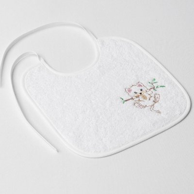 Veba Lota dětský slintáček bílá s výšivkou Kočička na větvi růžová lemovka – Zboží Mobilmania