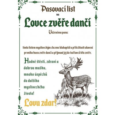 Pasovací list na lovce zvěře daňčí – Zboží Dáma