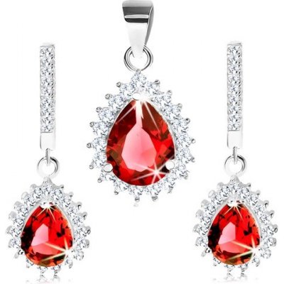 Šperky eshop stříbrný set přívěsek a náušnice červená kapka s čirým obrysem R28.28 – Zboží Mobilmania