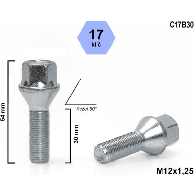 Kolový šroub M12x1,25x30 kužel, klíč 17, C17B30, výška 54 mm – Zbozi.Blesk.cz