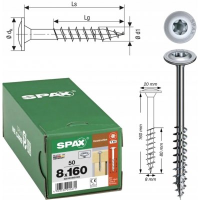 SPAX vrut pro dřevostavby 8.0x160 částečný závit Torx 40 Wirox stříbrný (50 ks) – Hledejceny.cz