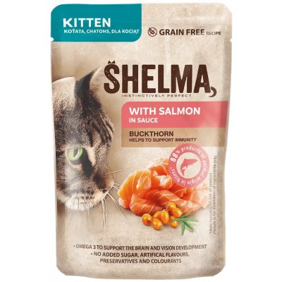 Shelma Bezobilné dušené filetky pro koťata s lososem a rakytníkem 28 x 85 g