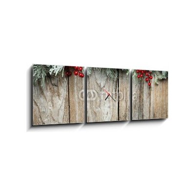 Obraz s hodinami 3D třídílný - 150 x 50 cm - Christmas fir tree on wooden background Vánoční jedle na dřevěném pozadí – Zbozi.Blesk.cz