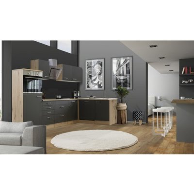 Flex Well Rohová kuchyňská linka se spotřebiči Tiago 280x170 cm barva čela čedičová šedá matná barva korpusu san remo dub světlá – Zboží Dáma