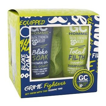 Grace Cole Homme Sport Grime Fighters sprchový gel Bloke Soak 50 ml + šampon Total Filth 50 ml + mycí houba dárková sada
