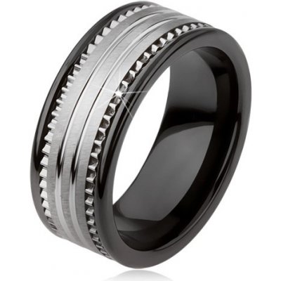 Šperky eshop Wolframový keramický černý prsten se stříbrným povrchem a proužky AB34.13 – Zboží Mobilmania