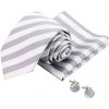 Kravata Šedo bílý Set kravata kapesník a manžetové knoflíčky Stripe
