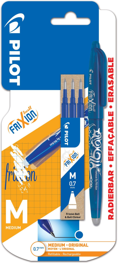 Pilot 88712 FriXion Ball roller 0,7 modrý + 3 ks modrá náplň 0,7 4 ks