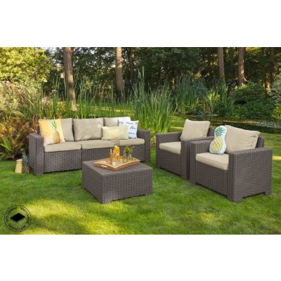 Keter California set stůl + 2 křesla + třísedadlová pohovka Cappuccino – Zboží Dáma Keter California set stůl + 2 křesla + třísedadlová pohovka Cappuccino – Zboží Dáma