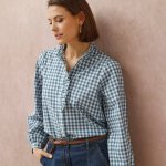 Kostkovaná halenka s volánkem modrá/režná – Zboží Mobilmania