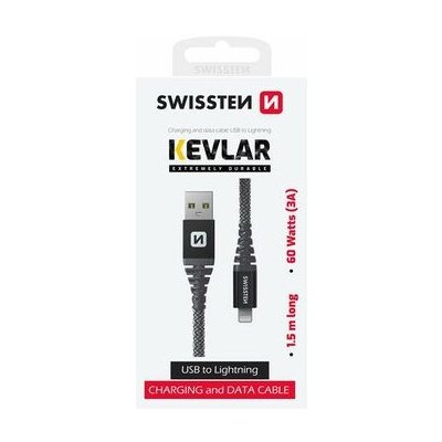 Swissten 71543010) KEVLAR datový Lightning 1.5m šedá / 60W / / 1x USB-A(M) / 1x Lightning(M) – Zbozi.Blesk.cz