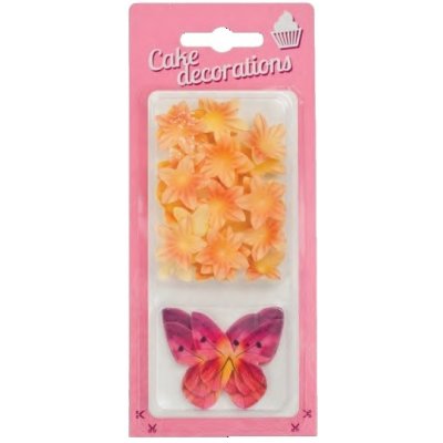 Dortisimo Dekorace z jedlého papíru Motýlci červení a květiny mini žluté (30 ks)