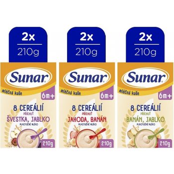 Sunar mléčná kaše 8 cereálií mix příchutí 6m+ 6 x 210 g