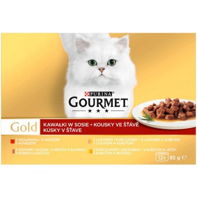 Gourmet Gold hovězí krůta s kachnou/losos s kuřetem/kuře s játry ve šťávě 12 x 85 g