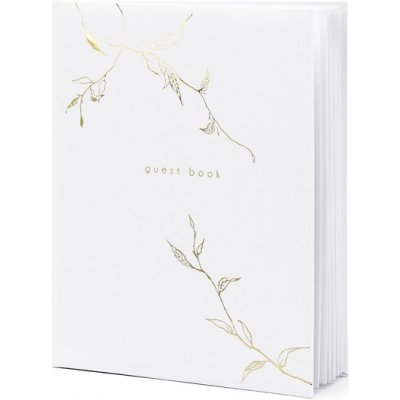 PartyDeco Svatební kniha hostů bílá se zlatým nápisem Guest Book a větvičkami – Zboží Dáma