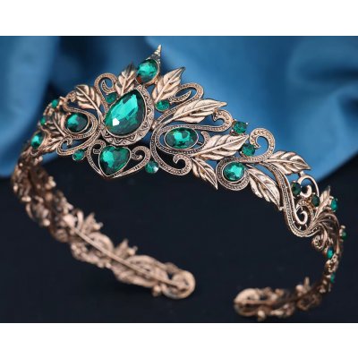 B-Top vintage pozlacená tiára se zelenými zirkony a listovým motivem – Zboží Mobilmania